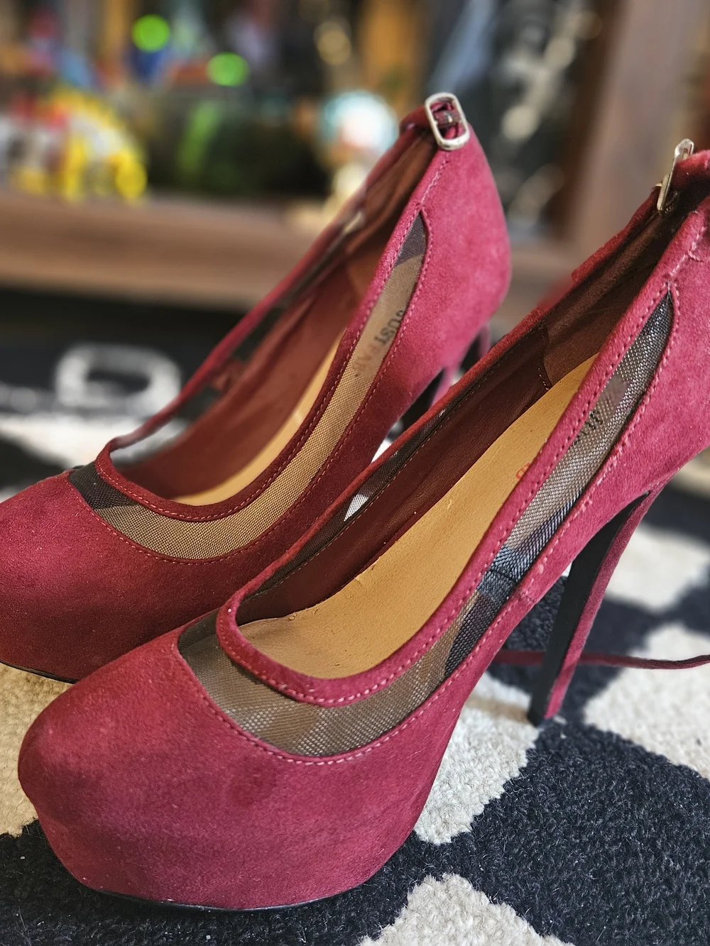 JustFab Wine Red Suede Platform Stiletto Pumps with Mesh Inset